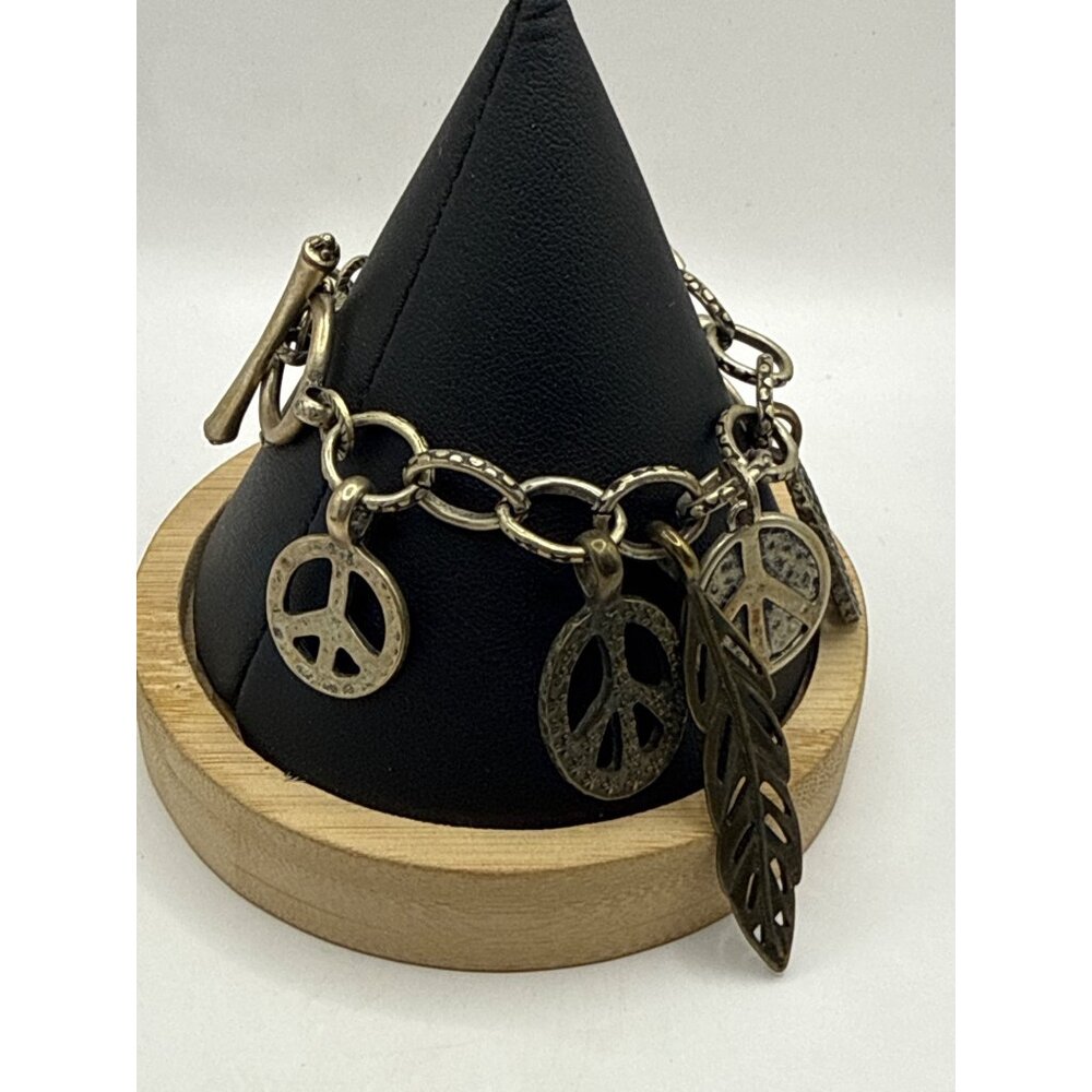 Vintage Boho Silver Peace Sign & Leaf Charm Bracelet Hippie Retro Jewelry - Picture 2 of 4